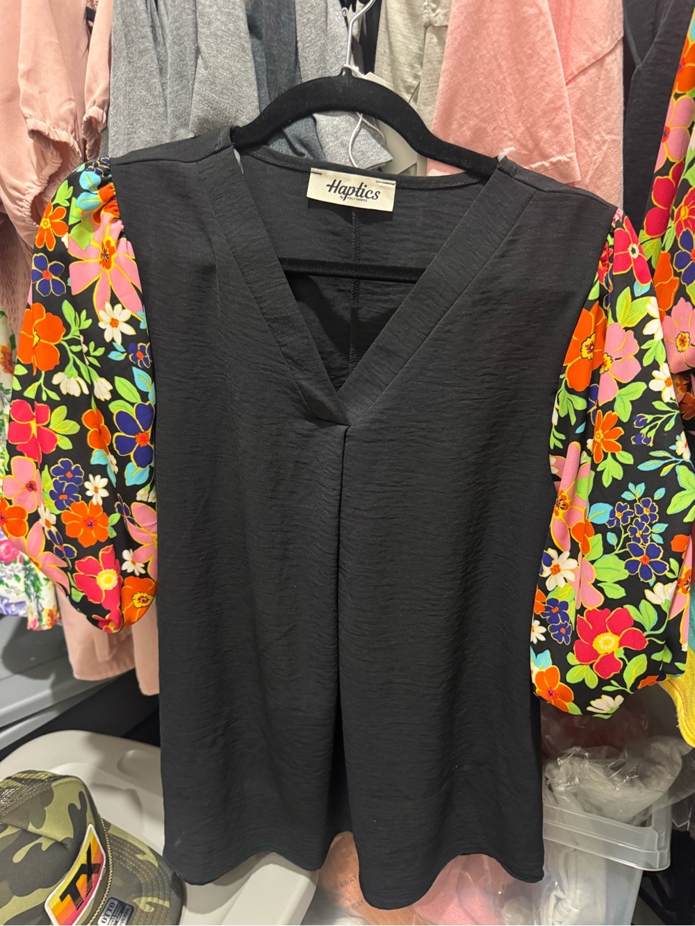 NWT: Haptics Black V-Neck Top with Floral Puff Sleeves
